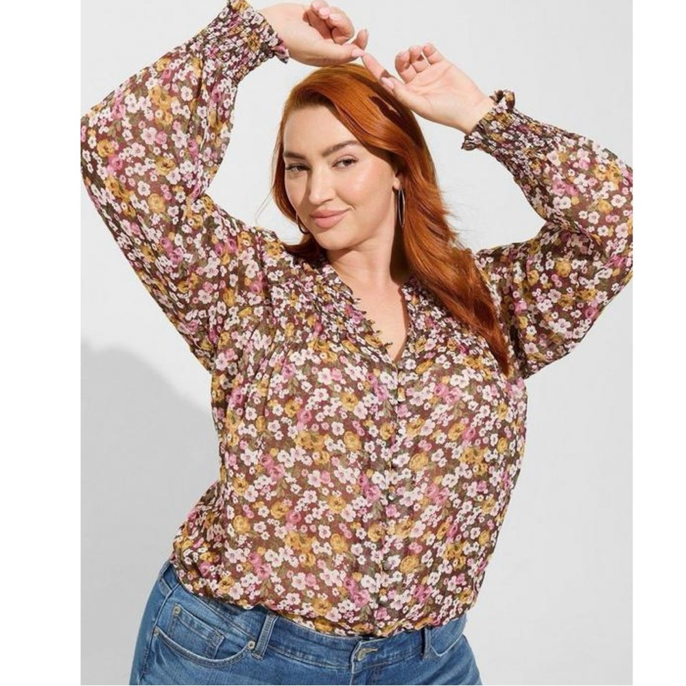 Torrid Floral Button Front Crinkle Chiffon Blouson Long Sleeve Smock Cuff Blouse